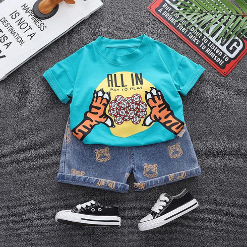 Round neck coin short sleeve suit boys' casual denim shorts two piece set